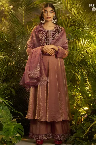Premium purple shade fendi hand-work kurta plazoo dupatta festive set