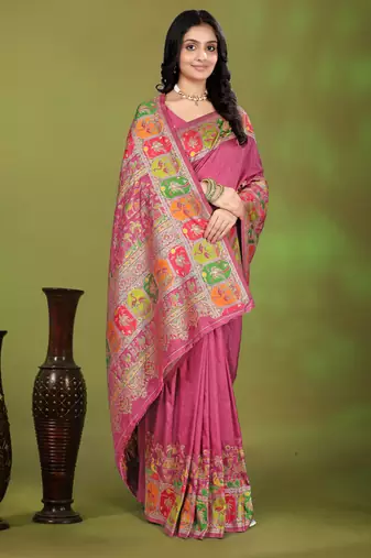 Premium light pink row pashmina silk blend party wear saree with blouse