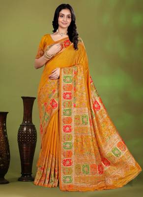 Premium musturd yellow row pashmina silk blend party wear saree with blouse 1