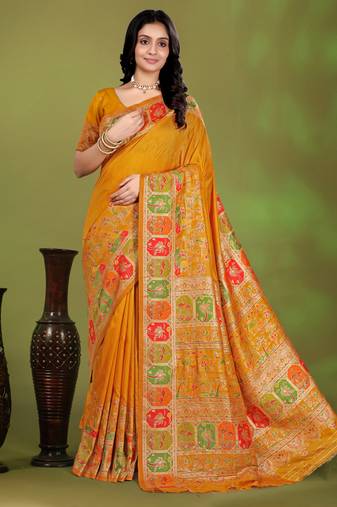 Premium musturd yellow row pashmina silk blend party wear saree with blouse