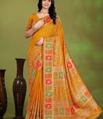 Premium musturd yellow row pashmina silk blend party wear saree with blouse