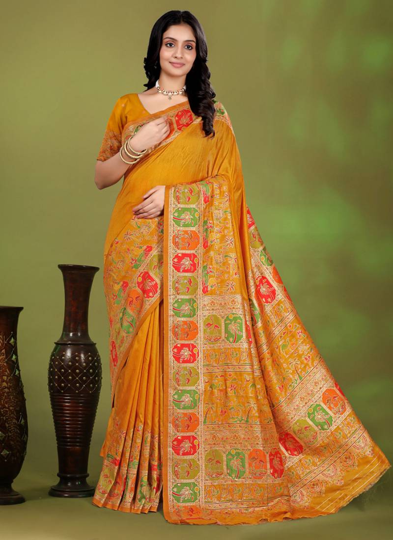 Premium musturd yellow row pashmina silk blend party wear saree with blouse