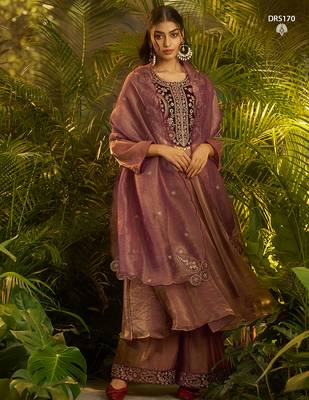 Premium purple shade fendi hand-work kurta plazoo dupatta festive set 2