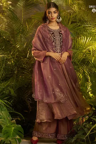 Premium purple shade fendi hand-work kurta plazoo dupatta festive set
