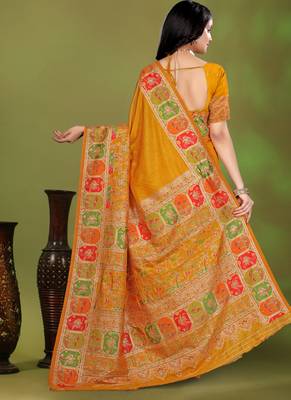 Premium musturd yellow row pashmina silk blend party wear saree with blouse 2
