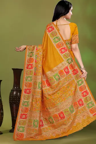 Premium musturd yellow row pashmina silk blend party wear saree with blouse