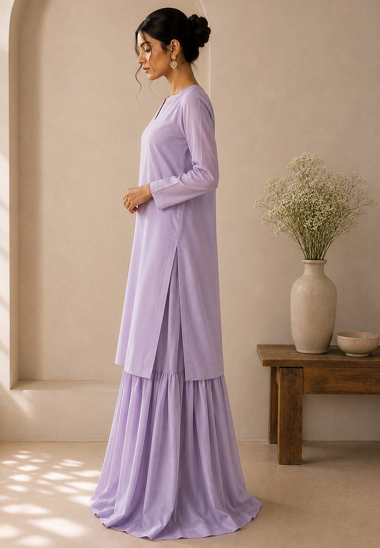 Lavender cotton plain casual kurta set with dupatta for women