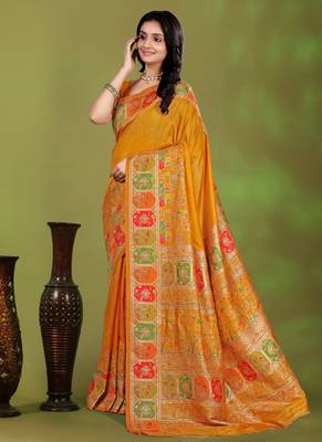 Premium musturd yellow row pashmina silk blend party wear saree with blouse 3