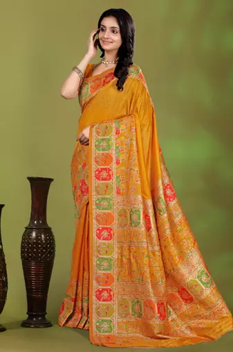 Premium musturd yellow row pashmina silk blend party wear saree with blouse