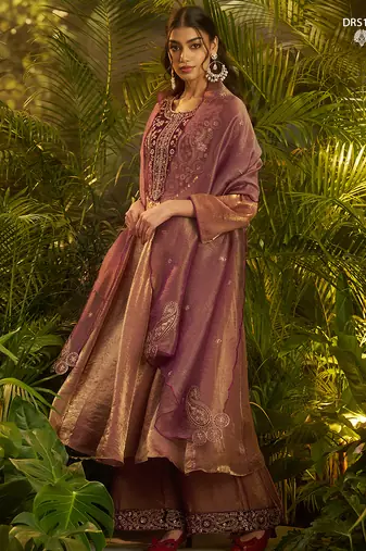 Premium purple shade fendi hand-work kurta plazoo dupatta festive set