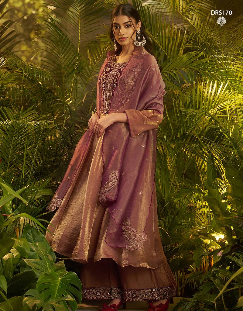 Premium purple shade fendi hand-work kurta plazoo dupatta festive set