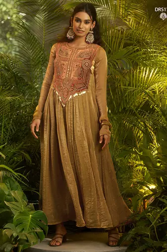 Olive green handworked designer gown with heavy embroidery