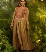 Olive green handworked designer gown with heavy embroidery