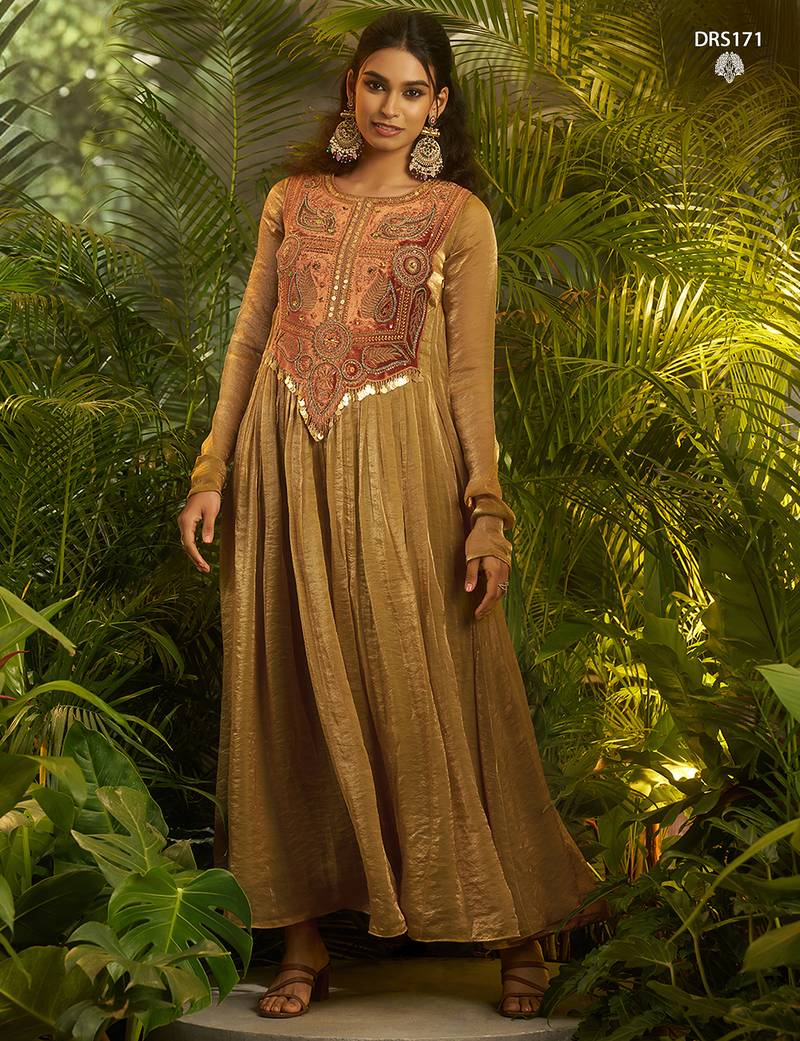 Olive green handworked designer gown with heavy embroidery