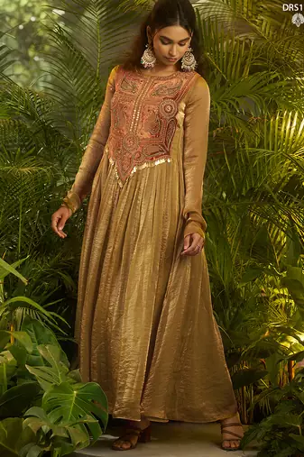Olive green handworked designer gown with heavy embroidery