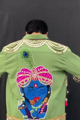 Navratri green pure denim jacket with kutchi mirror work