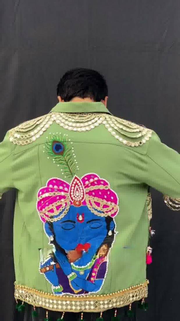 Navratri green pure denim jacket with kutchi mirror work