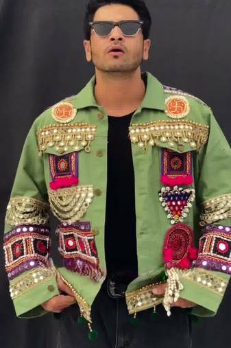 green kutchi mirror cotton navratri denim jacket for men