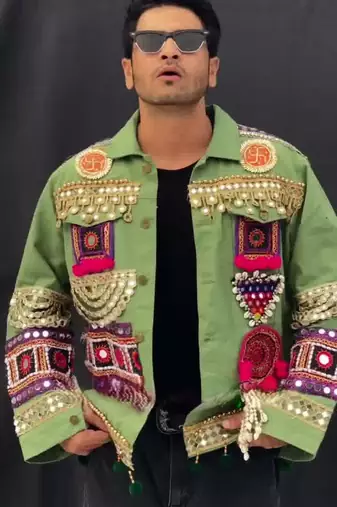 Navratri green pure denim jacket with kutchi mirror work