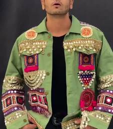 Navratri green pure denim jacket with kutchi mirror work