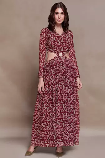Maroon paisley print cutout maxi dress
