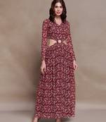 Maroon paisley print cutout maxi dress
