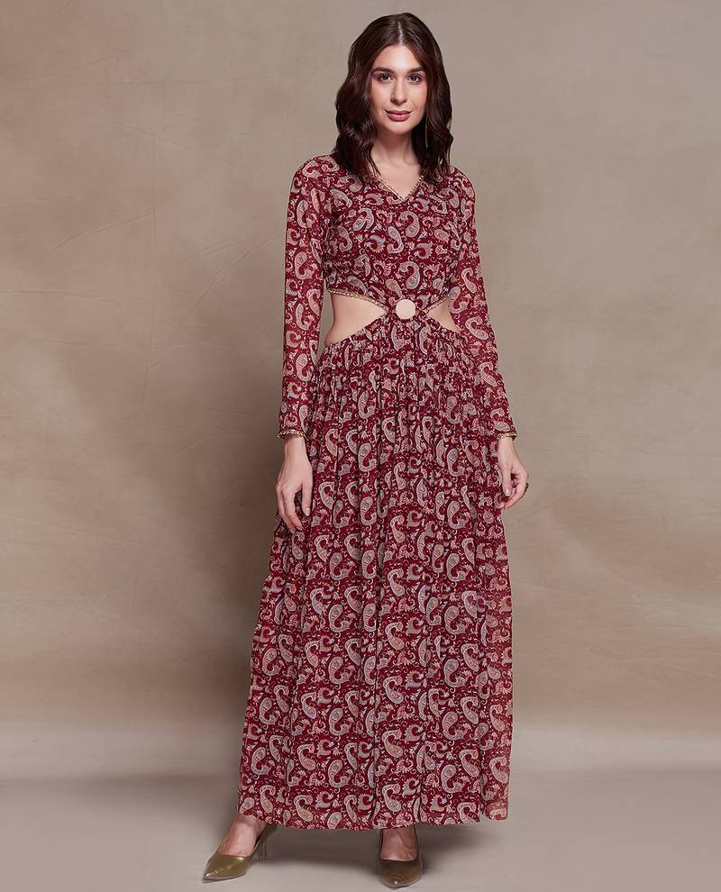 Maroon paisley print cutout maxi dress