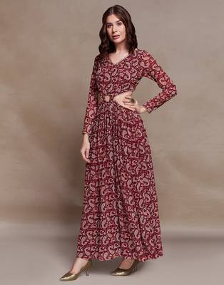 Maroon paisley print cutout maxi dress 2