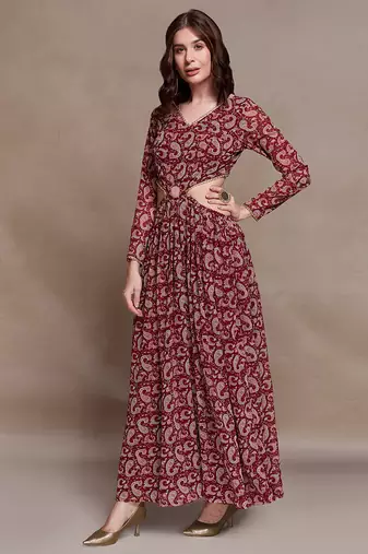 Maroon paisley print cutout maxi dress