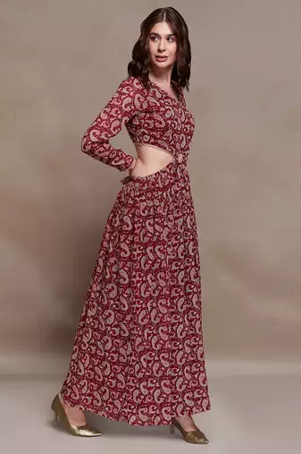 Maroon paisley print cutout maxi dress