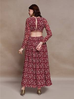Maroon paisley print cutout maxi dress 4