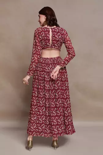 Maroon paisley print cutout maxi dress