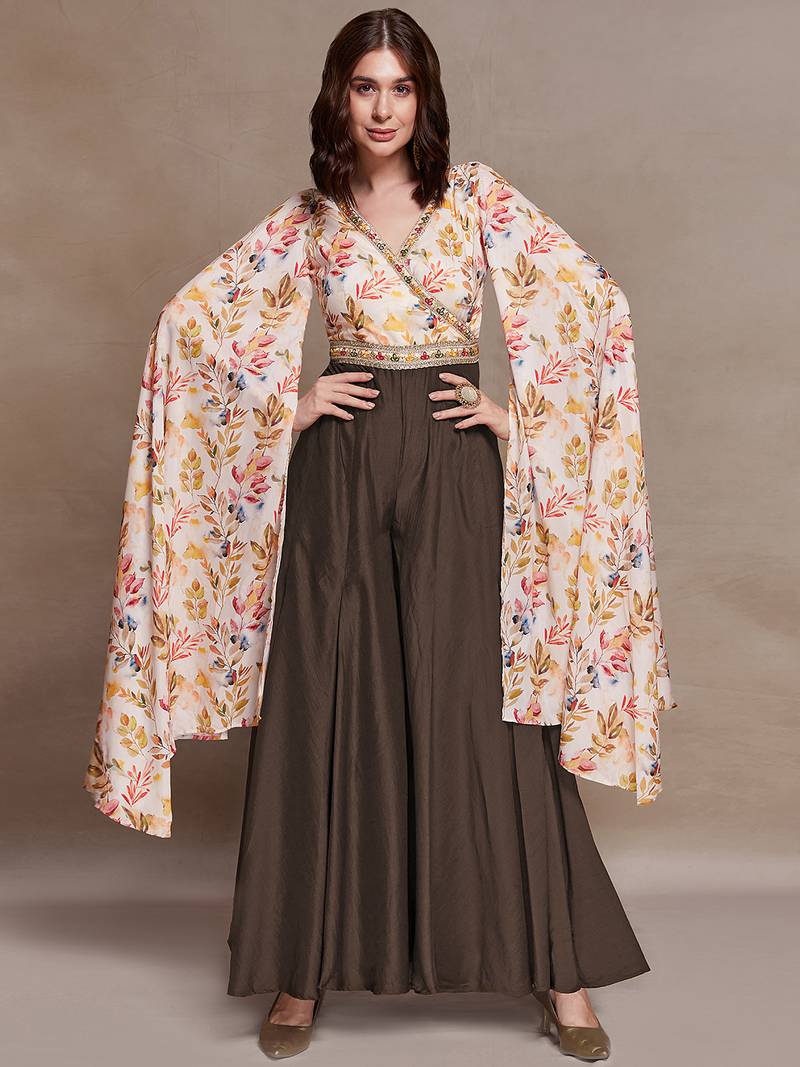 Women   s floral printed cape sleeve jumpsuit with wide leg palazzo fit