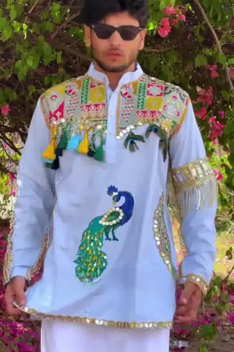 Navratri blue cotton kurta with hand-painted peacock mirror work