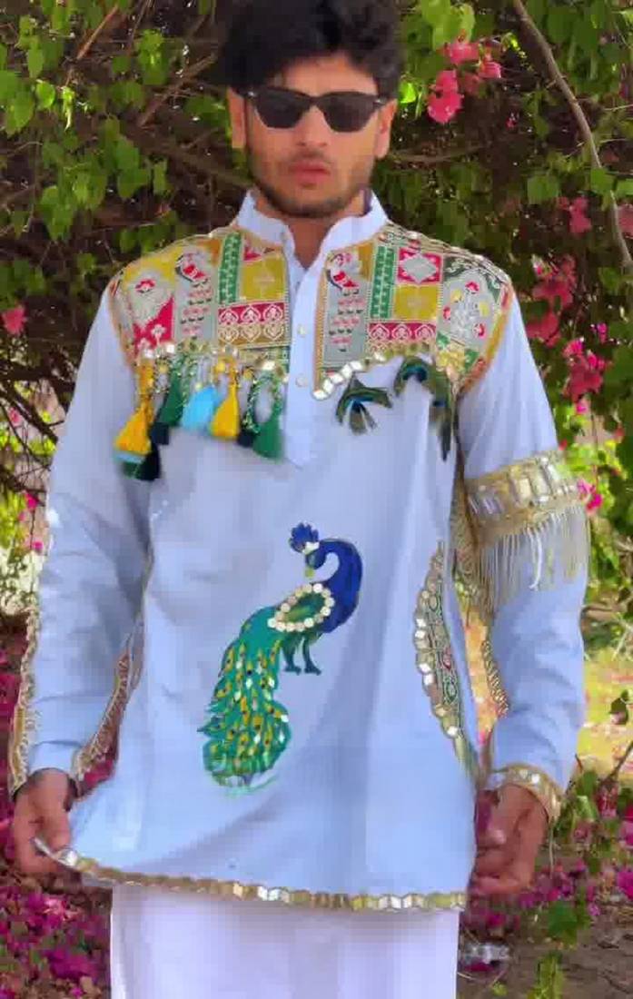 Navratri blue cotton kurta with hand-painted peacock mirror work