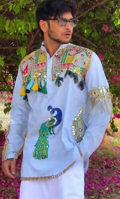 Navratri blue cotton kurta with hand-painted peacock mirror work 1