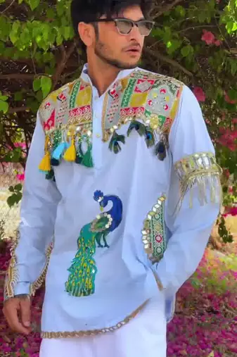 Navratri blue cotton kurta with hand-painted peacock mirror work