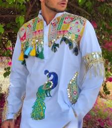 Navratri blue cotton kurta with hand-painted peacock mirror work