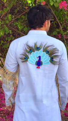Navratri blue cotton kurta with hand-painted peacock mirror work 6