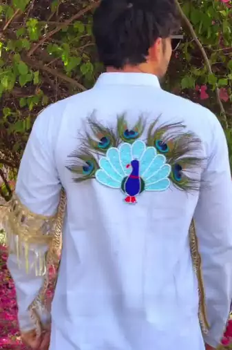 Navratri blue cotton kurta with hand-painted peacock mirror work