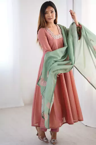 Peach pure tissue anarkali suit with handwork and printed organza dupatta