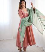 Peach pure tissue anarkali suit with handwork and printed organza dupatta