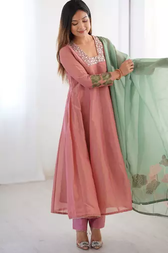 Peach pure tissue anarkali suit with handwork and printed organza dupatta