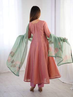 Peach pure tissue anarkali suit with handwork and printed organza dupatta 4