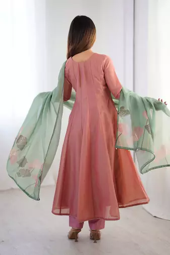 Peach pure tissue anarkali suit with handwork and printed organza dupatta