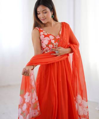 Elegant orange floral organza gown with handwork and matching dupatta 1