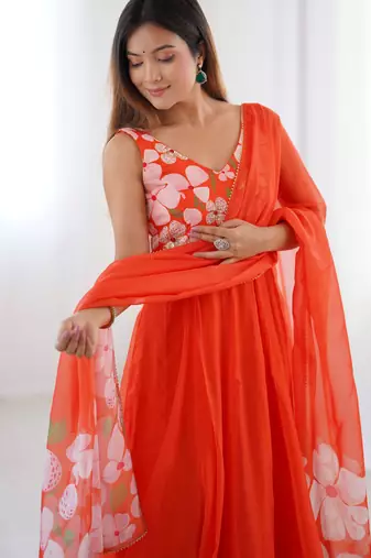 Elegant orange floral organza gown with handwork and matching dupatta