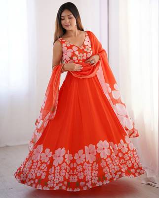 Elegant orange floral organza gown with handwork and matching dupatta 2