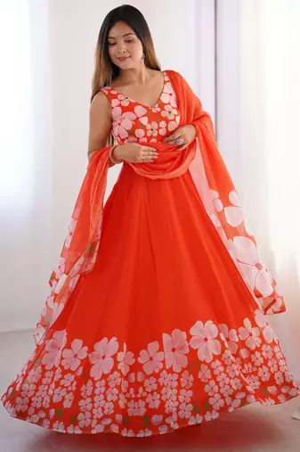 Elegant orange floral organza gown with handwork and matching dupatta