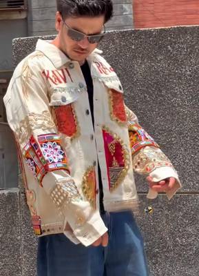 Navratri off white pure denim jacket with gamthi artwork 6